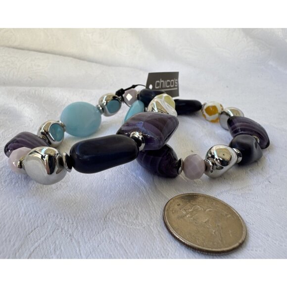 Chico's 2 PC Turquoise Blue Purple Silvertone Stretch Stackable Bracelet - NWT - Picture 5 of 16